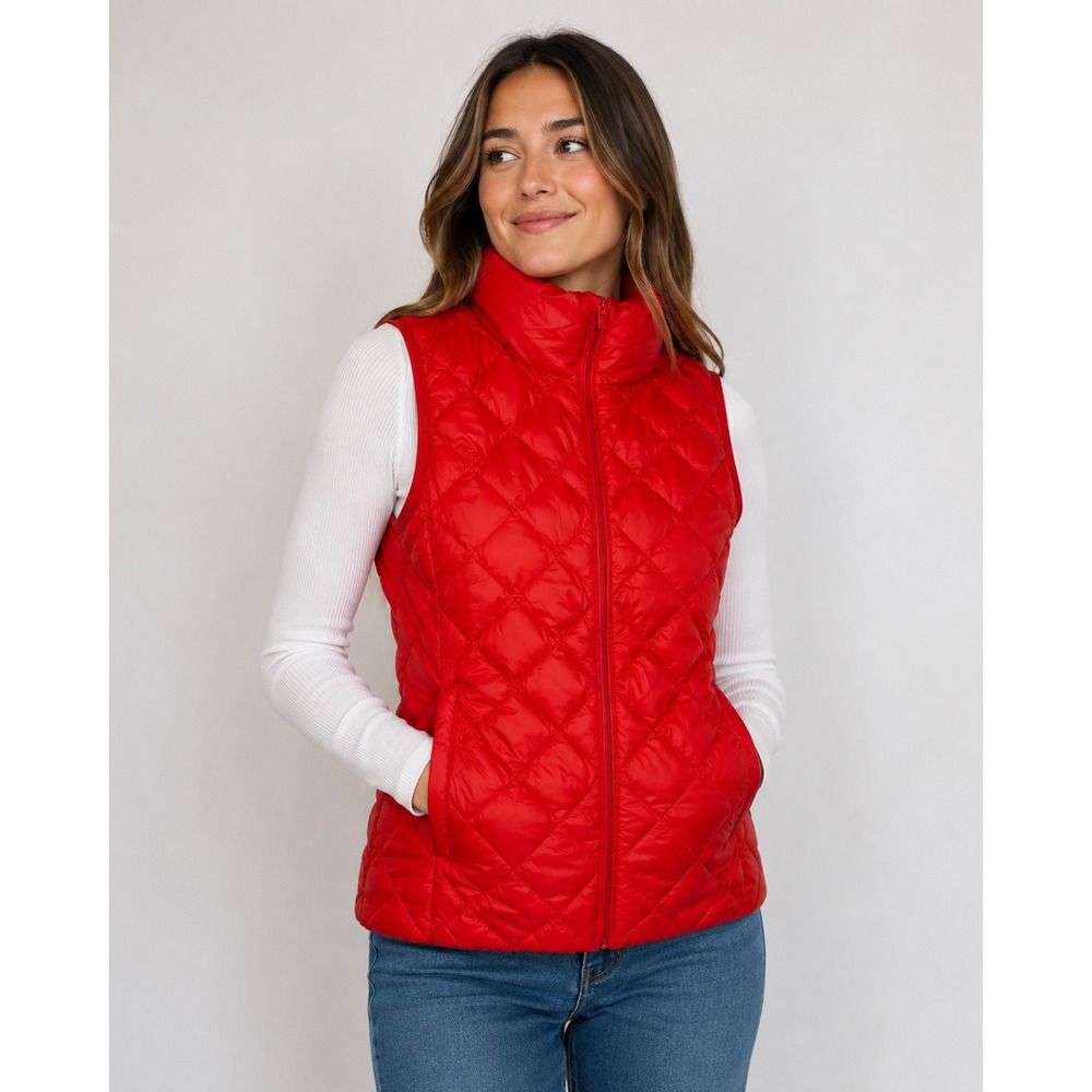 Tory Burch Sport Down Diamond Quilted Puffer Jacket Vest Red Size Small